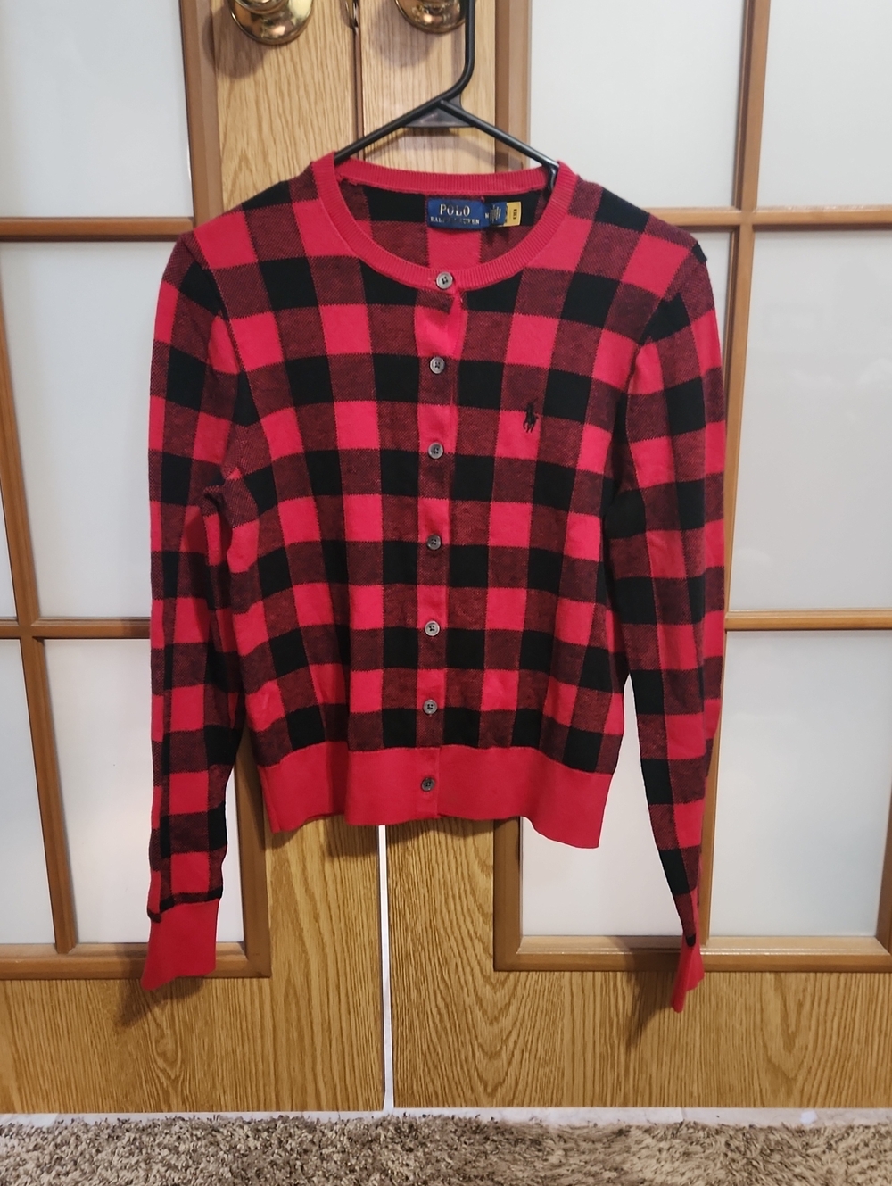 Polo Ralph Lauren Red & Black Buffalo Plaid Cotton Wool Blend Button Up Cardigan